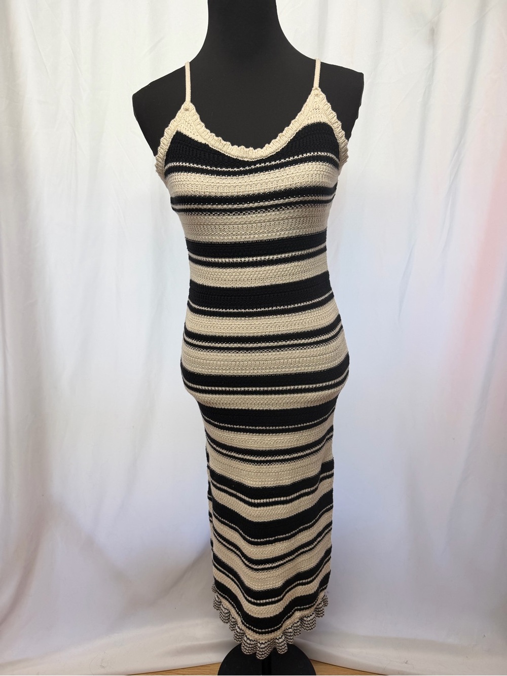freshman 1996 Small Black Cream Crochet Stripe Knit Maxi Dress - Picture 6 of 10